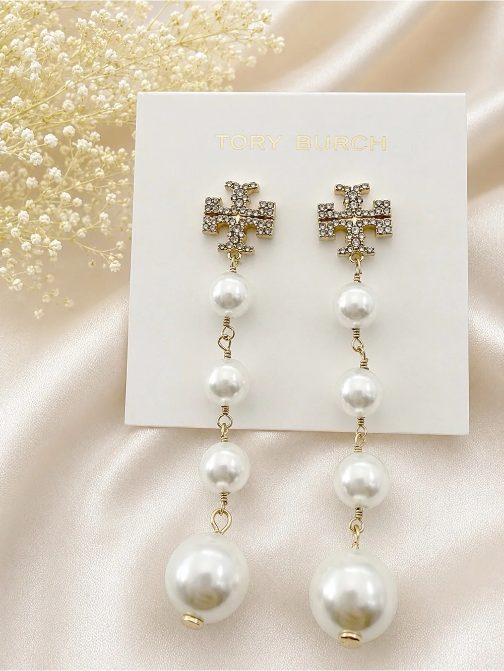 Tory Burch Crystal Double-T Logo Pearl Drop Earrings Gold Tone